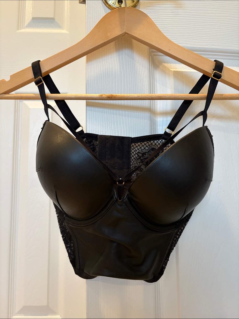 Victoria's Secret Black Longline Lace & Faux-Leather Bra